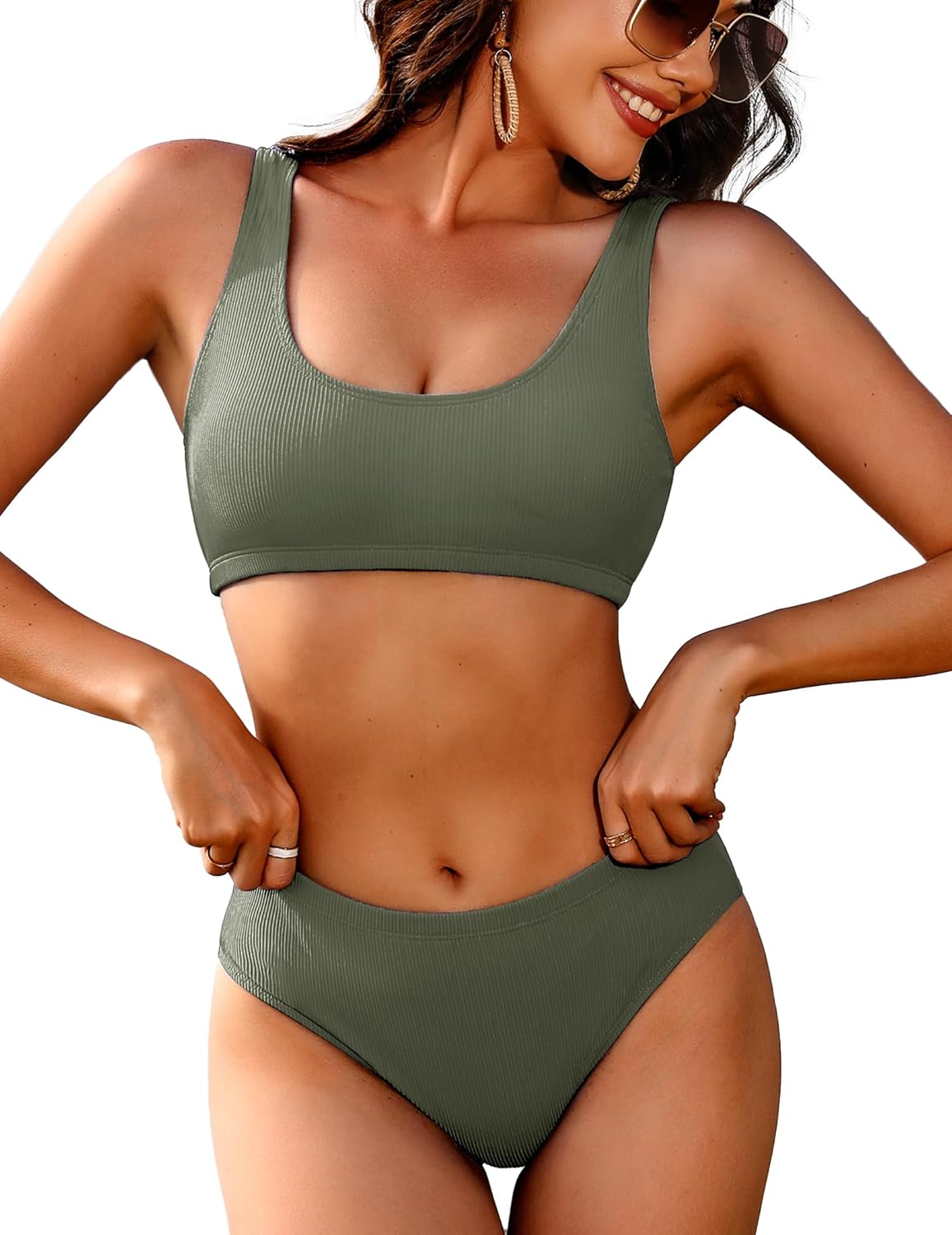 AI'MAGE Women Ribbed Bikini Sets Sporty Swimsuits Scoop Neck Two Piece Bathing Suits High Cut Bikini XS-XXL Large Army Green