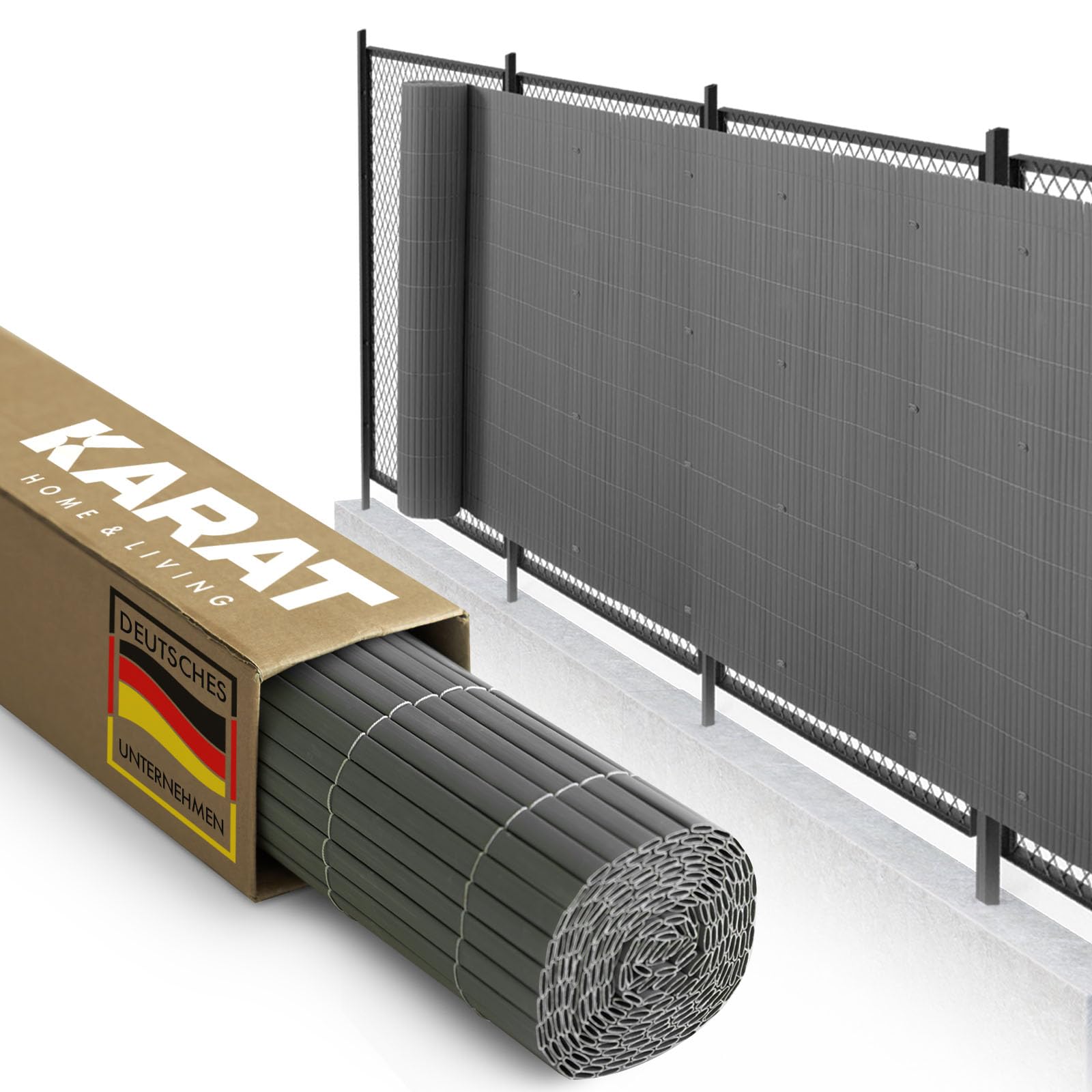 KARAT PVC Sichtschutz für Garten, Balkon, Terrasse - 150x500 cm Grau - Balkonsichtschutz, Sichtschutzmatte wetterfest, Zaun als Balkonverkleidung, Poolumrandung und Windschutz - Gartenzaun