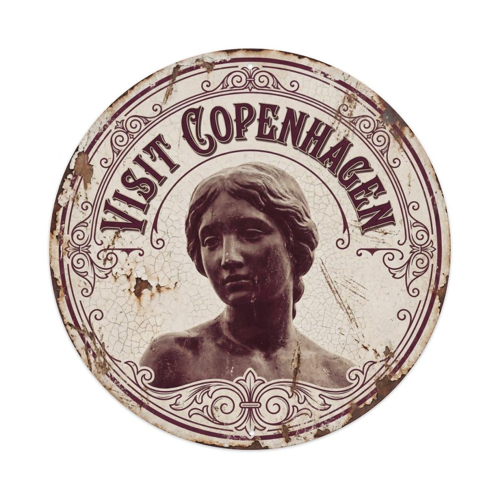 Cmhok Vintage Style-12 Vintage Travel Mermaid Copenhagen Artwork Metal Tin Sign Plaque Wall Decor For Cafe, Club, Garden Round Metal Poster 8X8inch