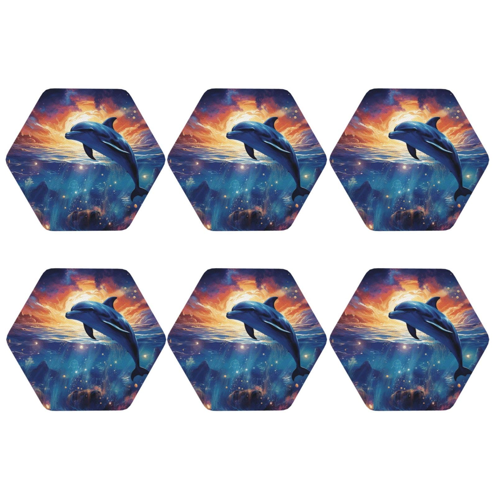 6pcs Leather Coasters for Drinks, Colorful Starry Sky Ocean Dolphin Drink Coasters for Tabletop Protection, 4" Cup Coasters for Coffee Table Decor, Non-Slip Drinking Cup Mat for Hot Or Cold Drink
