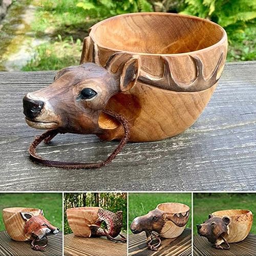Miniatura 5 de Taza portátil de madera tallada a mano con forma de cabeza de animal, taza para acampar al aire libre, accesorios de cocina