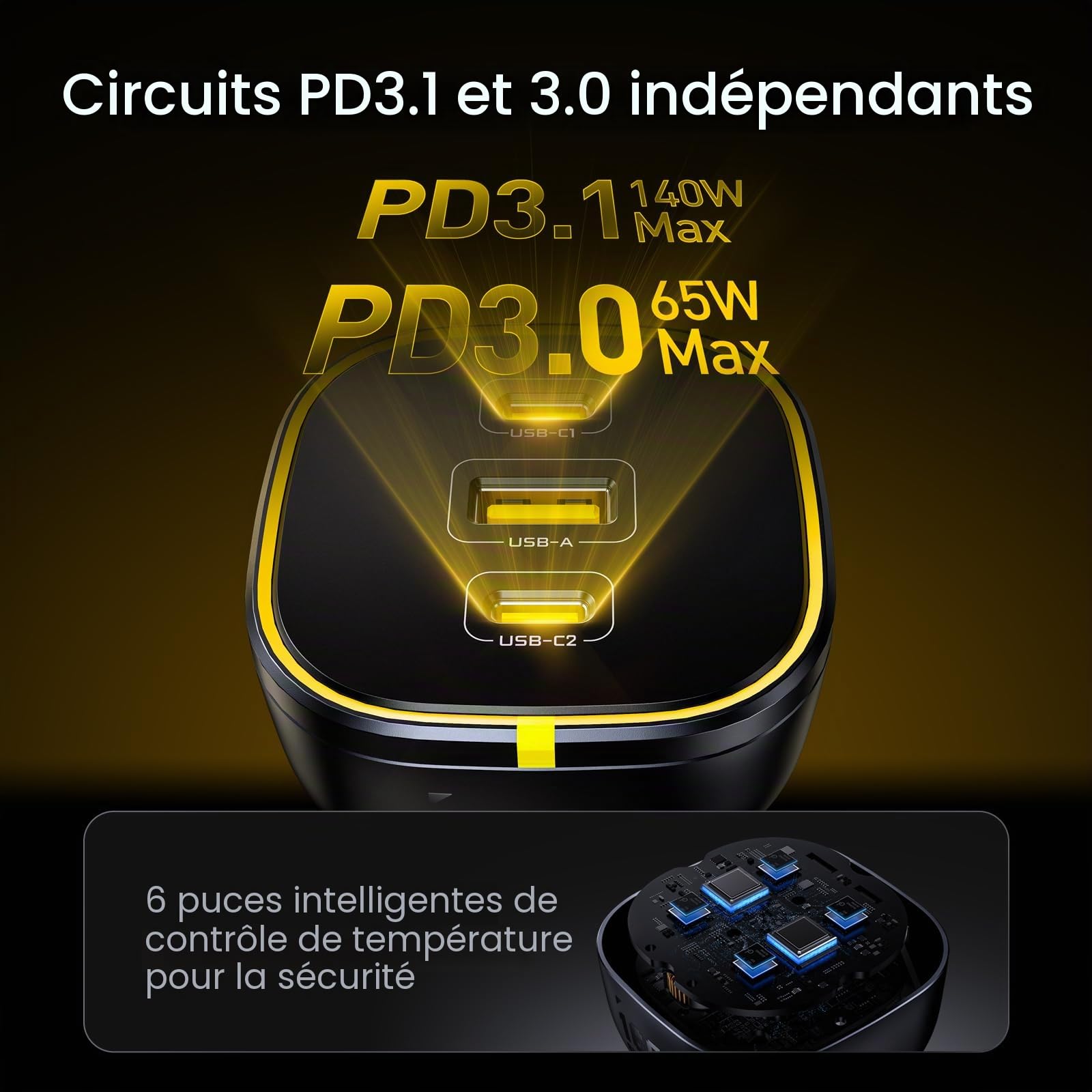 AOHI SUPERAUTO 170W Chargeur Voiture USB C avec Affichage Intelligent，Charger Allume Cigare Charge Rapide USB-C PD 3.1 140W, avec MacBook Pro,Ordinateurs Portables,iPhone 17 Pro Max (Noir)