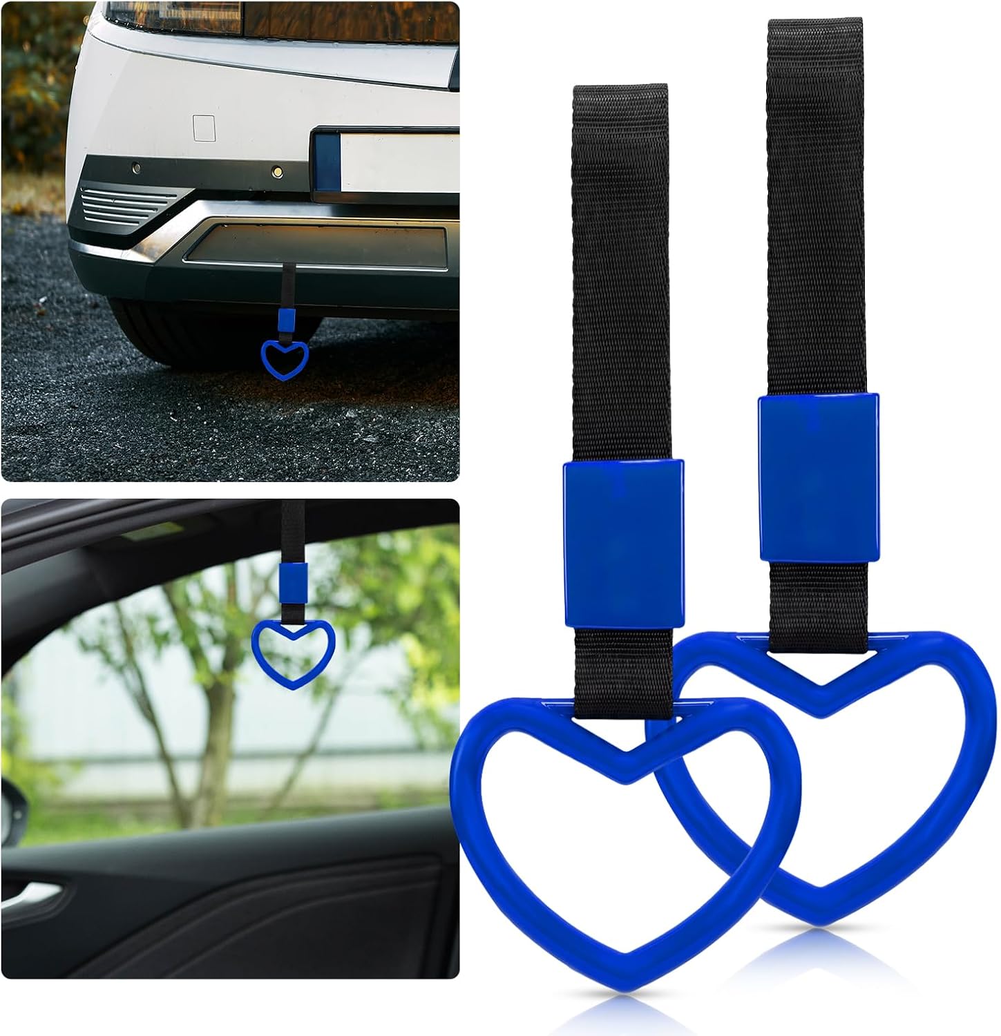 2 Pcs Heart Shaped Car Handle Strap – JD M Drift Charm Rear Bumper Warning Ring Decor for Car Interior Exterior, Subway Bus Handle Accessory, Cute Heart Car Decor Gift for Drivers (Blue) image 3