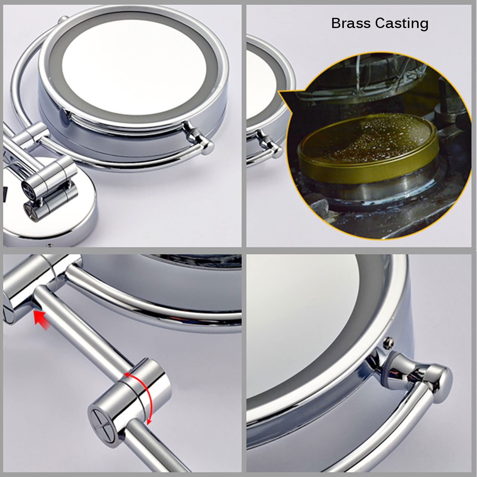 Specchio per Il Trucco con Luce, Specchio Cosmetico da Parete, Specchi Cosmetici Girevoli Estensibili da Bagno, Completamente Orientabile, per Bagno Hotel (Gold Plug 7X)