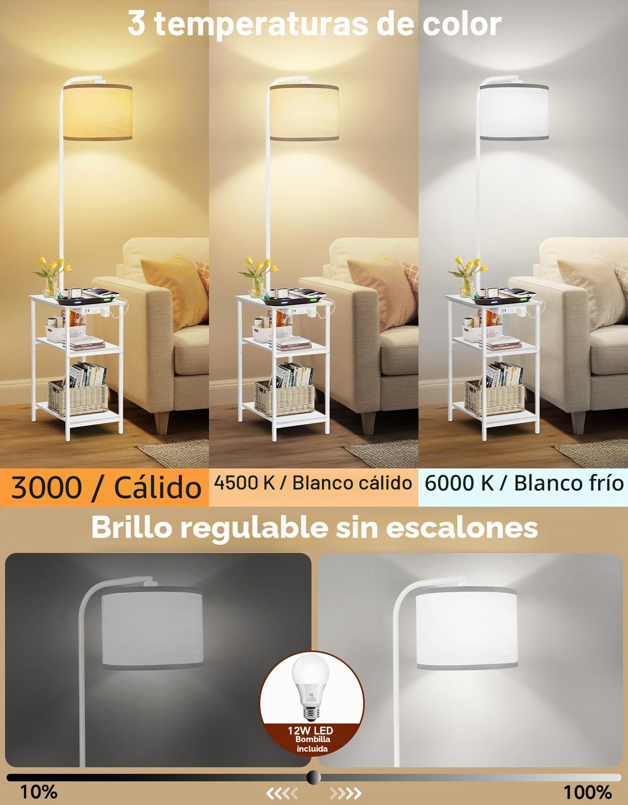 Lámpara de Pie con Mesa y Estante, LED Regulable con Mando, 3 Temperaturas de Color, Mesa Auxiliar con Carga USB y Almacenamiento para Salón