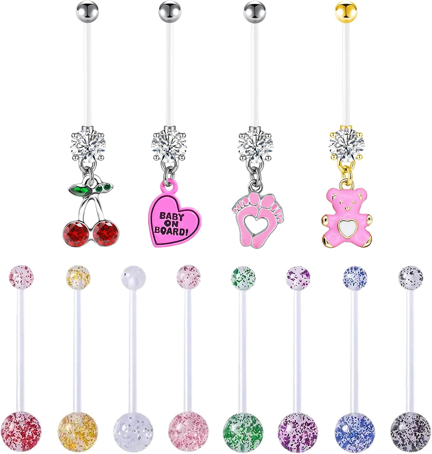 8~12 Pcs 14G 38mm Pregnancy Belly Button Rings Flexible Bioplast Long Bar Cherry Cute Little Feet Belly Rings for Maternity Clear Navel Piercing Retainer
