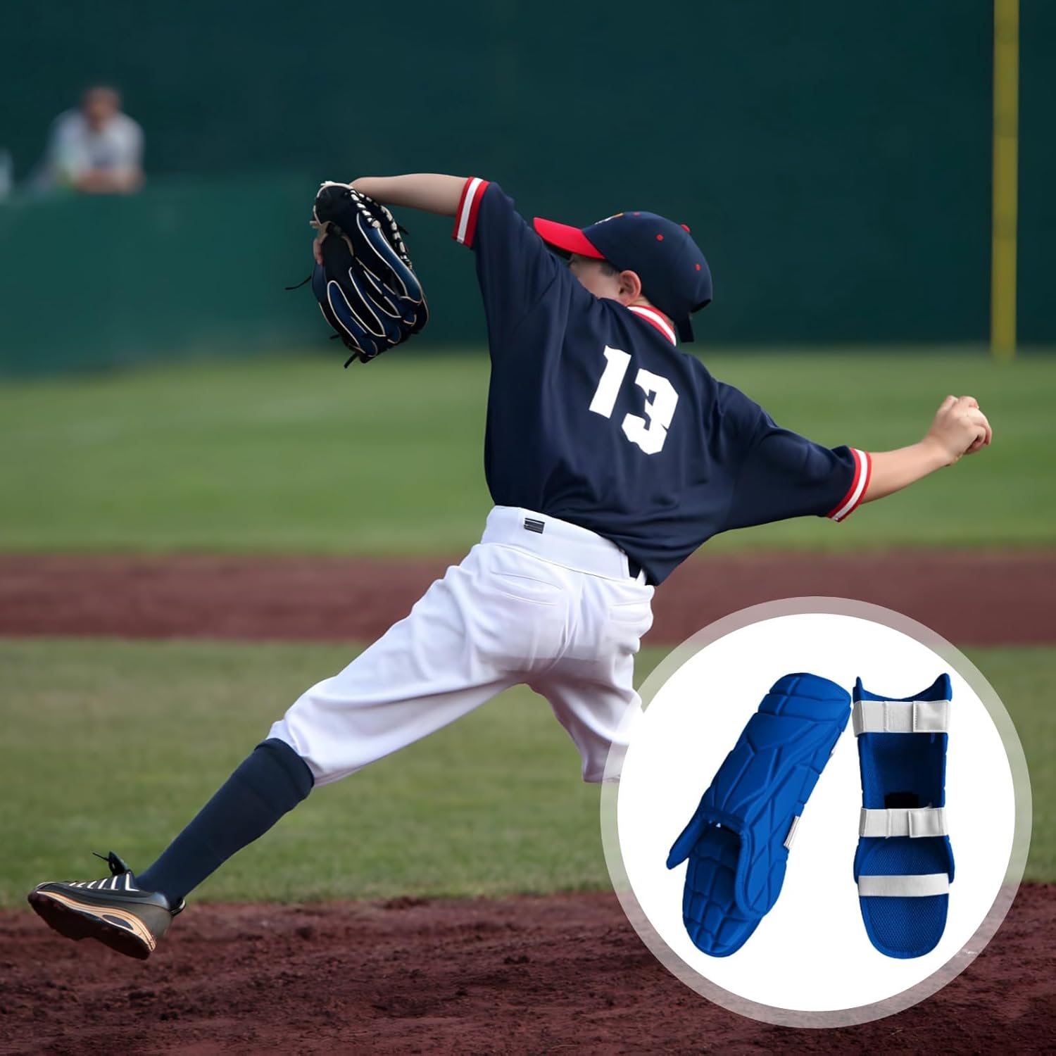 Blue Youth Baseball Leg Guards, Impact-Absorbing Foam, Breathable Lining, Adjustable, Removable Foot Guard