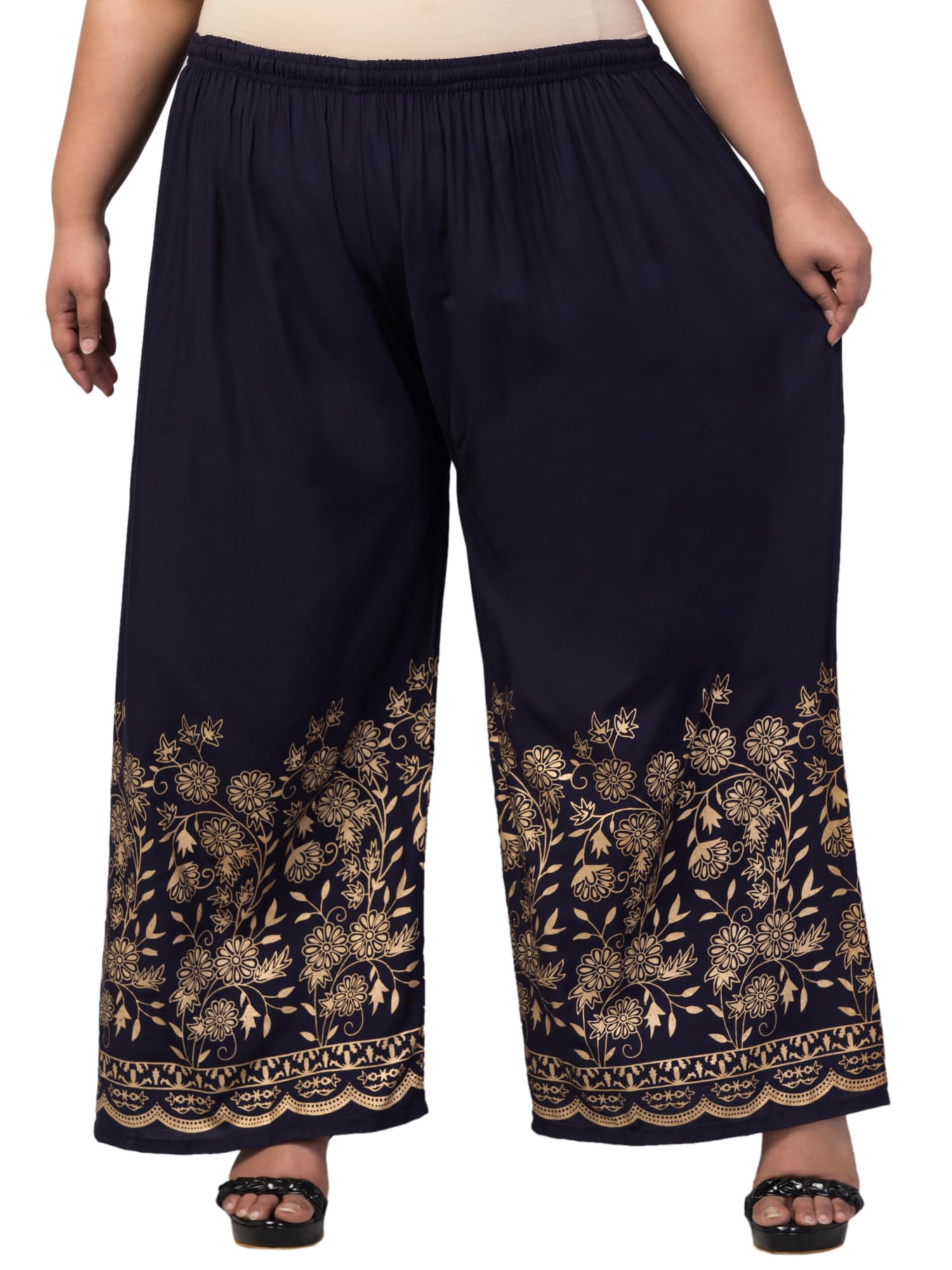 Women's Viscose Rayon Gold Flower Printed Palazzo Pants-image-1