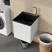 Tanque de lavar Roupa 26L Suspenso com Gabinete 46cm Montado Cor:Tanque Preto