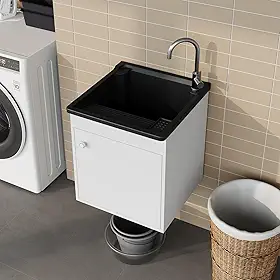 Tanque de lavar Roupa 26L Suspenso com Gabinete 46cm Montado Cor:Tanque Preto