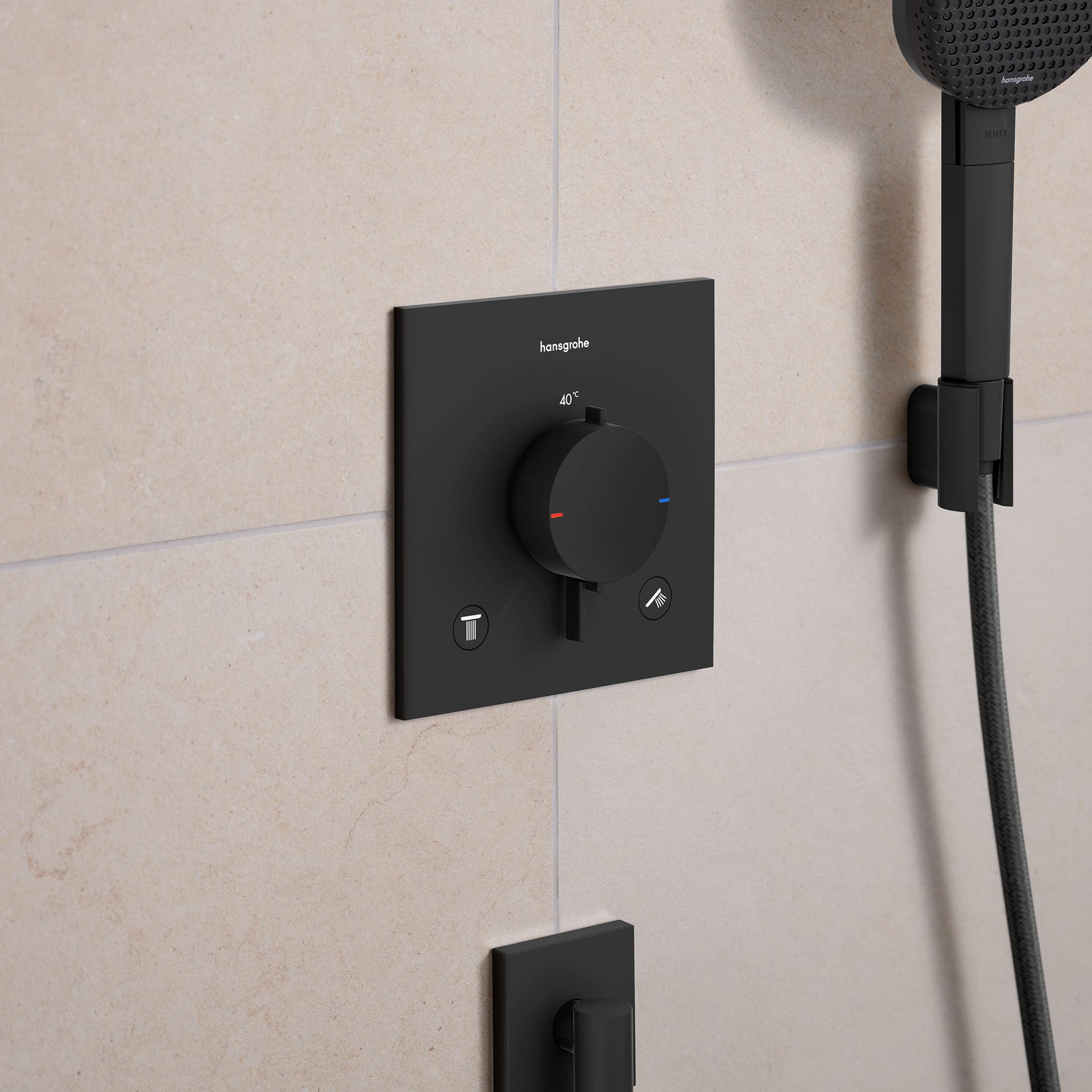 hansgrohe Ecostat Comfort E - Duschthermostat Unterputz, Duscharmatur mit Sicherheitssperre (SafetyStop) bei 40° C, Thermostat für die Dusche, Mischbatterie für 2 Verbraucher, Mattschwarz, 33711670