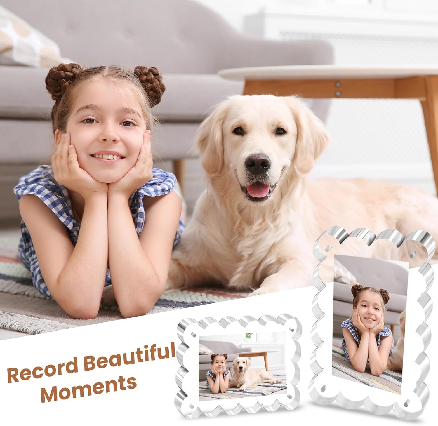 3 Pack 4x6 Acrylic Scalloped Picture Frames - 10+10mm Extra Thicker Double Sided Magnetic Frame, Clear Freestanding Display for Tabletops, Modern Photo Frame Set for Home & Office Decor & Gifts