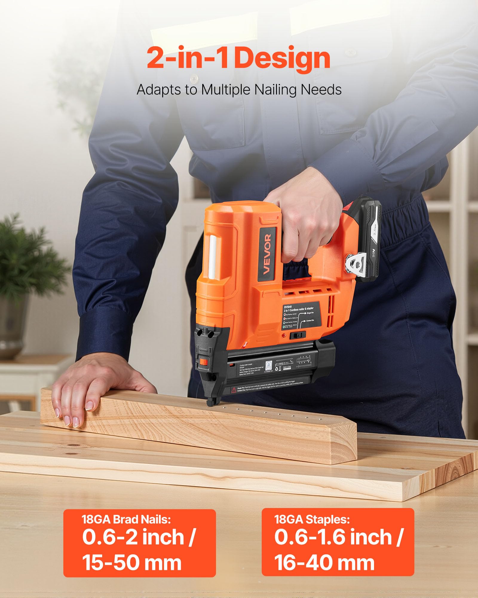 VEVOR 2 in 1 Akku-Nagler 18 Gauge 20 V Akku-Nagler und Tacker, 100 Nägel/min, mit 500 Nägeln & 500 Klammern & 2,0 Ah Lithiumbatterie & Ladegerät, für Heimwerkerarbeiten Holzbearbeitung Orange