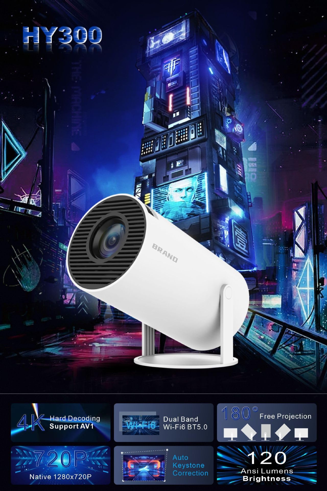 Mini proyector 4K compatible, videoproyector portátil WiFi 6 Bluetooth, proyector de vídeo con llave automática, 130 pulgadas, giro 180 grados, sistema operativo Android 11.0 (gris)