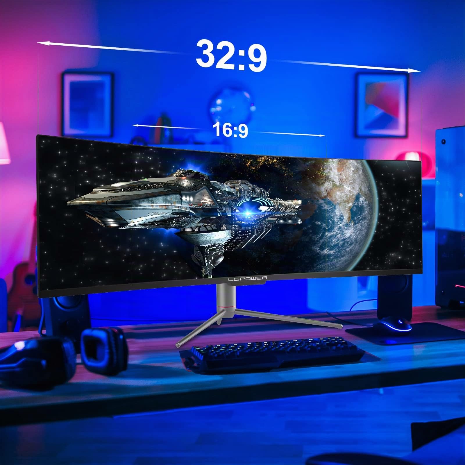 LC-Power Gaming Monitor 49", Curvo(1800R), Ultra Wide PC Monitor, 5120x1440, 32:9, VA, 120Hz, Adaptive Sync, HDMI 2.0, DP 1.4, Flicker Safe, GamePlus, PbP, Supporto Regolabile in Altezza, Nero
