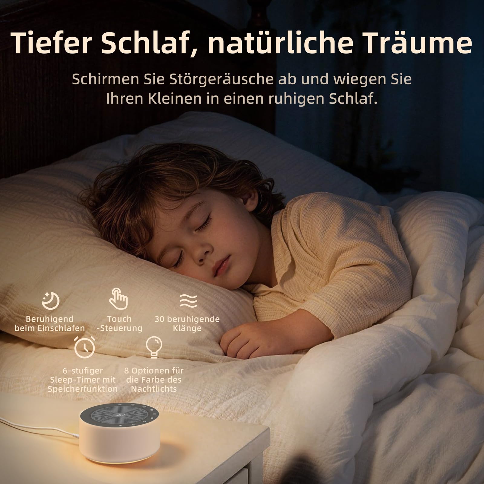 KIPCUSH Weißes Rauschgerät mit 30 High-Fidelity-Soundtracks, Sound-Maschine für Babys, Erwachsene, 7 Farben Nachtlichter, Voll-Touch-Tuch Gitter und Tasten, Timer