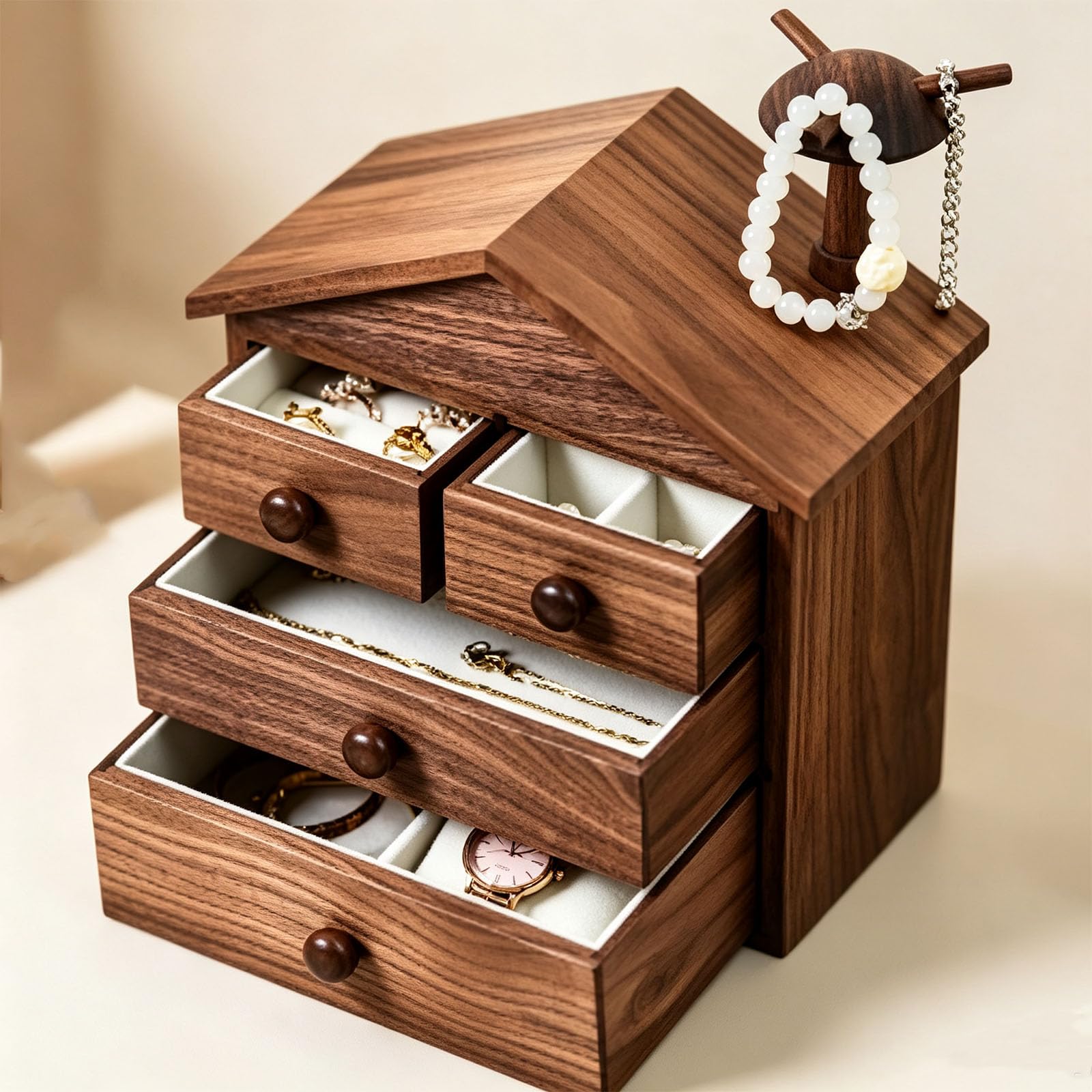 Joyero De Madera para Mujer, Organizador De Joyas De 3 Niveles con 4 Cajones, Gran Capacidad De Almacenamiento, Diseño De Casa, Forro Protector, para Anillos, Small Size