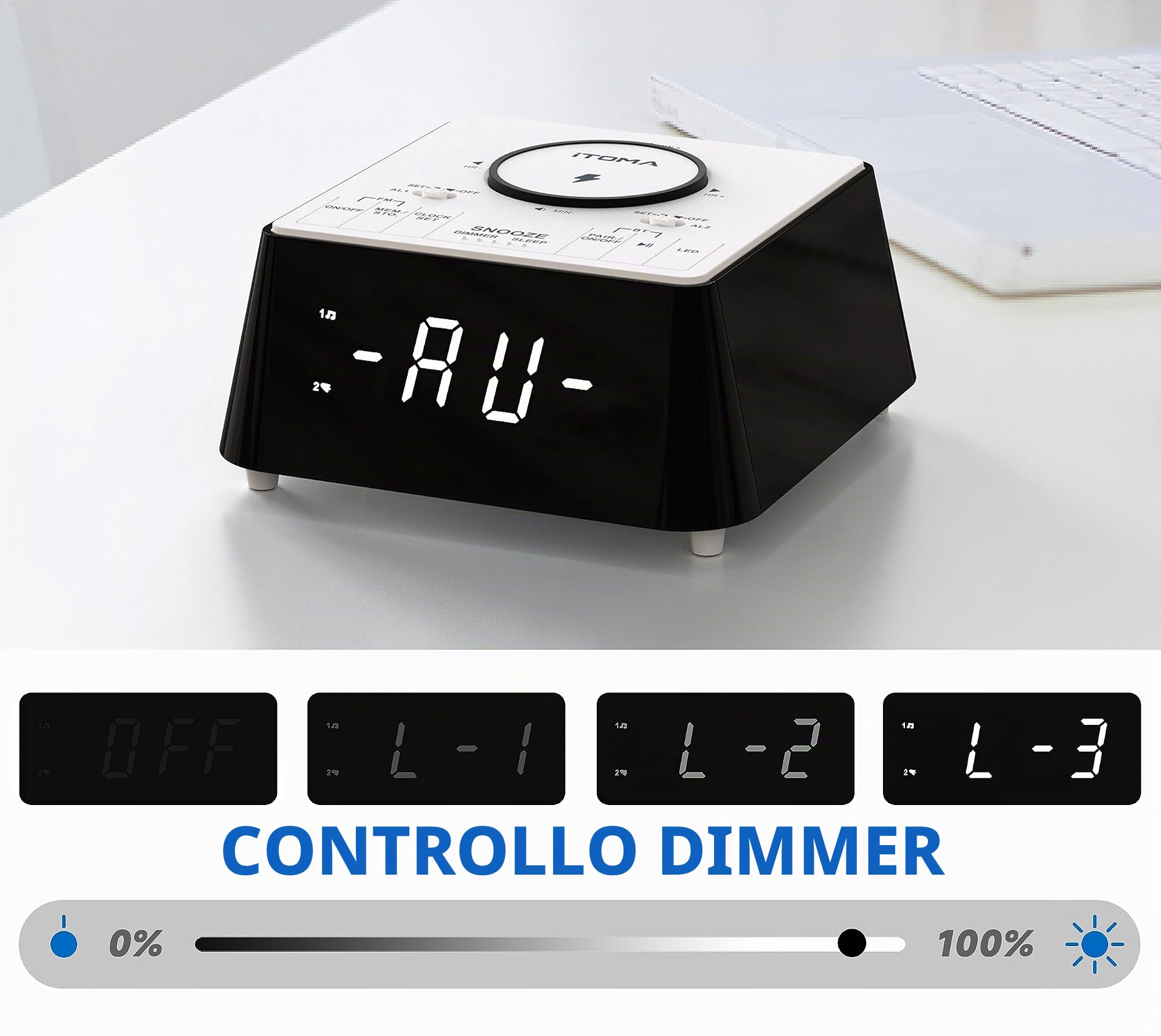 iTOMA Radiosveglia con Ricarica Wireless con Altoparlante Bluetooth, Radio FM da Comodino, Doppia Sveglia con Snooze, Ricarica USB, Luce Notturna e Display Dimmerabile 205