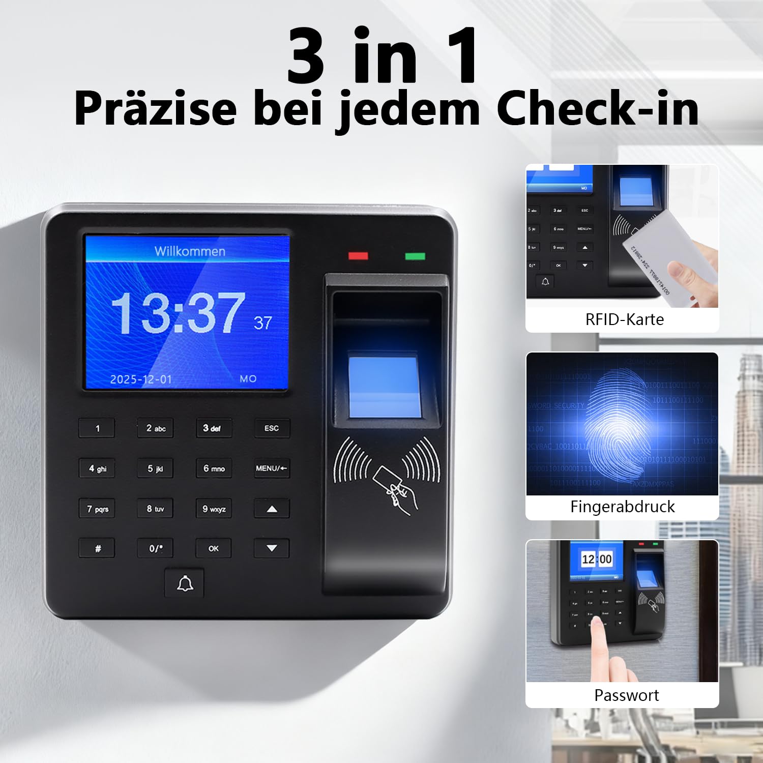 Sistema di rilevamento del tempo per piccole imprese, dispositivo di rilevamento del tempo 3-in-1 con impronta digitale, password e lettore di carte, capacità impronte digitali 1000, sistema di