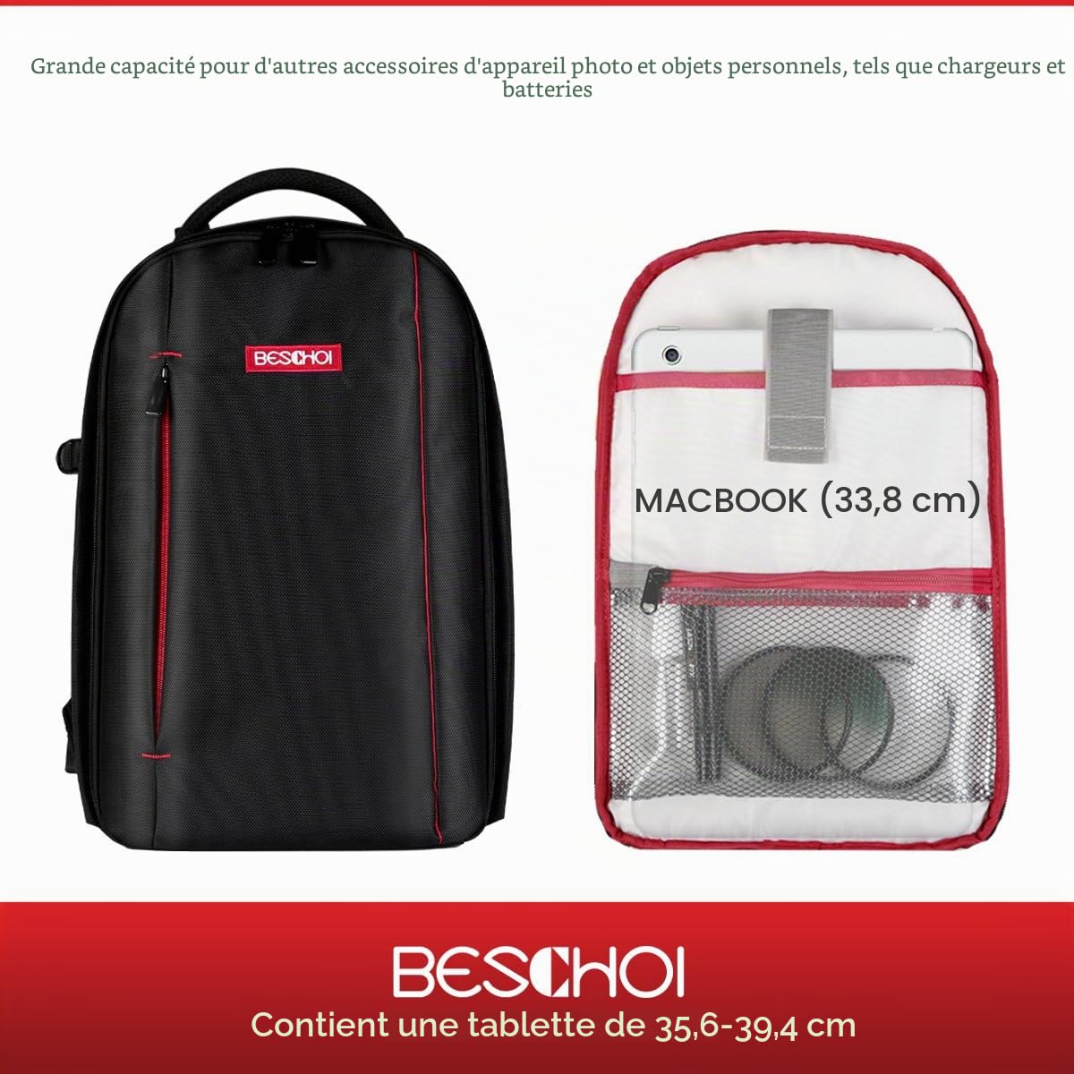 Beschoi Sac à dos étanche pour appareil photo reflex numérique Sony Canon Nikon Olympus SLR/DSLR Appareil photo et objectifs et accessoires Noir (grand format)