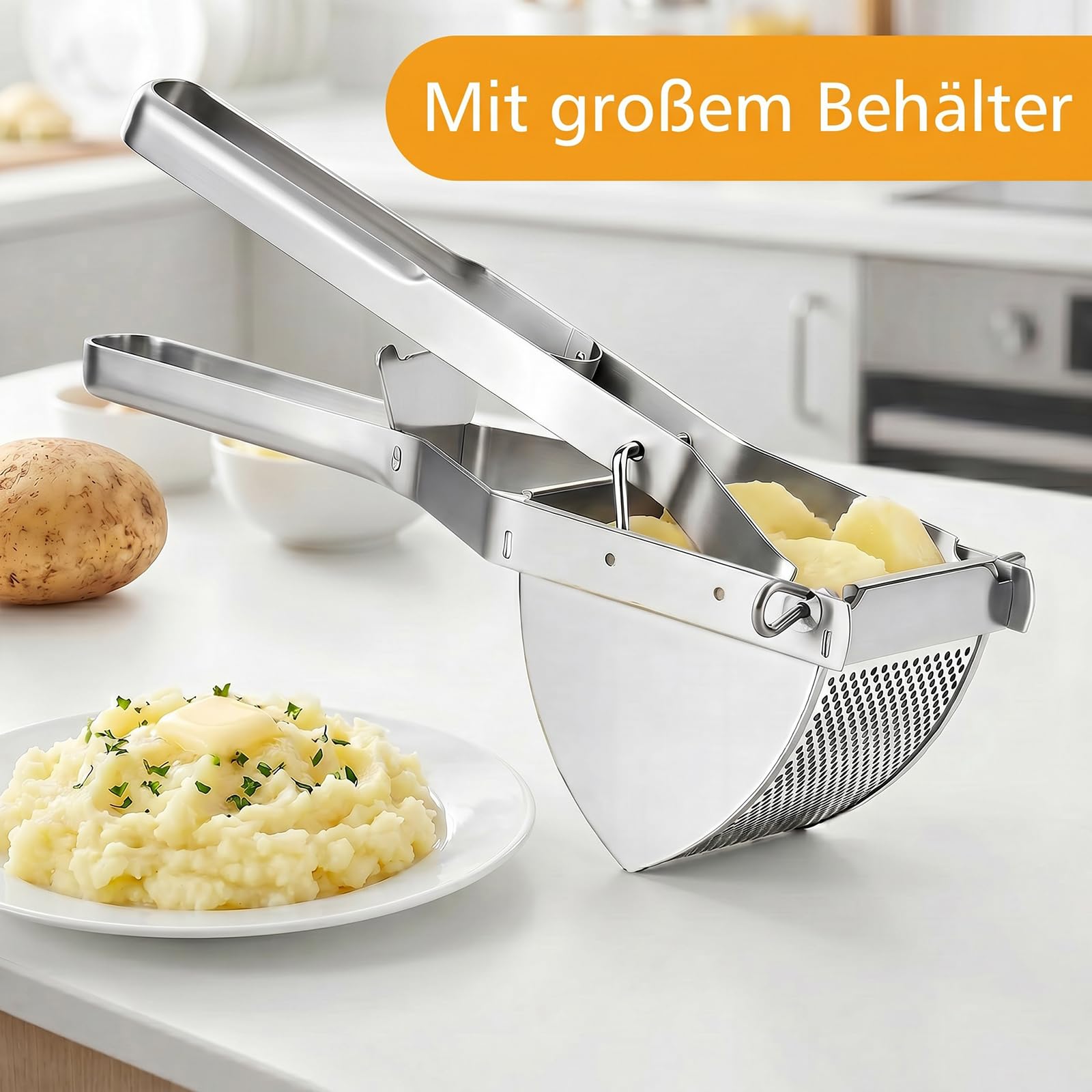 Kartoffelpresse Edelstahl großes Kartoffelstampfer Fassungsvermögen geeignet für die Zubereitung von cremigem Kartoffelpüree Babybrei und gekochtem Gemüse, spülmaschinenfest