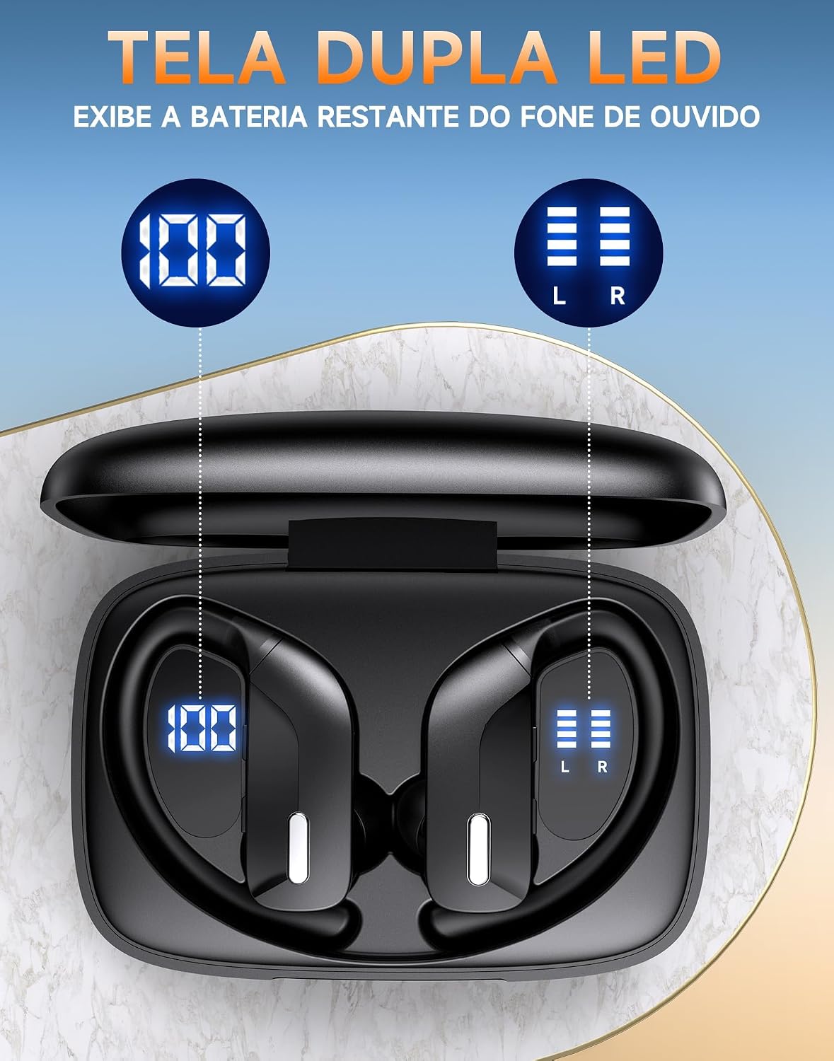 Hrich Fone de Ouvido Bluetooth, Fones de Ouvido Sem Fio Bluetooth 100H Play, Fones de Ouvido Traseiros à Prova d'água, com Microfone, Display LED, para Exercícios de Corrida Esportiva Hrich Fone de Ouvido Bluetooth, Fones de Ouvido Sem Fio Bluetooth 100H Play, Fones de Ouvido Traseiros à Prova d'água, com Microfone, Display LED, para Exercícios de Corrida Esportiva