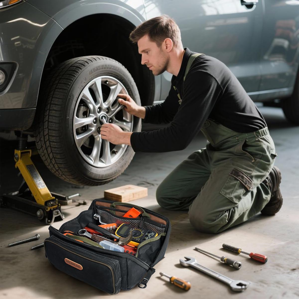 WELKINLAND LayFlat Tool Pouch Organizer, 13-Inch Small Tool Bag, Heavy-Duty Waxed Canvas Tool Pouch, 5-Pocket Small Tool Bags with Zipper, Wide-Open Electrician Tool Bag - Image 2