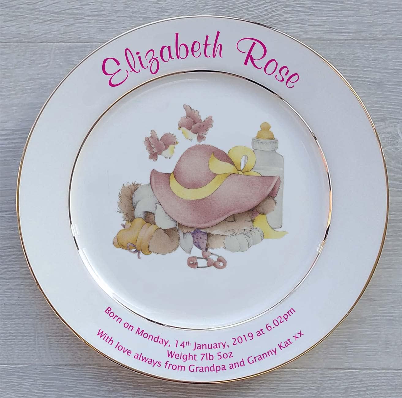 Personalized Birth Plate with 2 Gold Bands - Pink Sleepytime Design