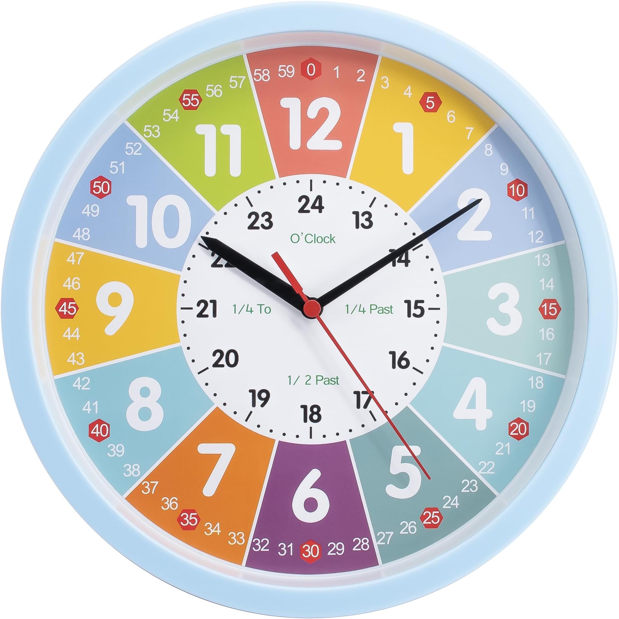 Learning Clock for Kids – Silent Classroom Clock Telling The Time Teaching Toddler Boys Analog for Kid's Room Classroom School Playroom, Blue