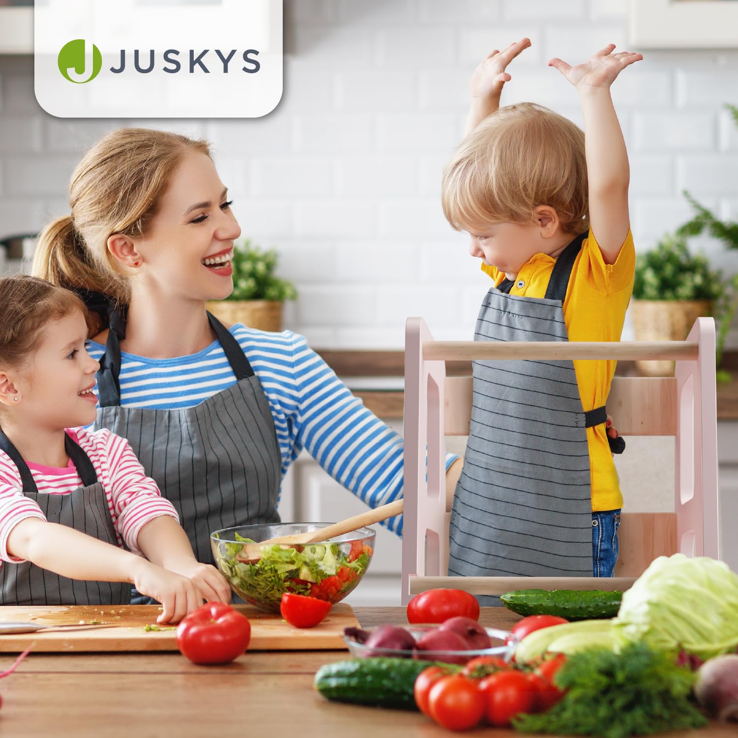 Juskys Tour d'apprentissage Henny - pour Enfants à partir d'un an, Marche-Pied, réglable en Hauteur sur 3 Positions, Protection Anti-Bascule, Aide à la Cuisine - Rose