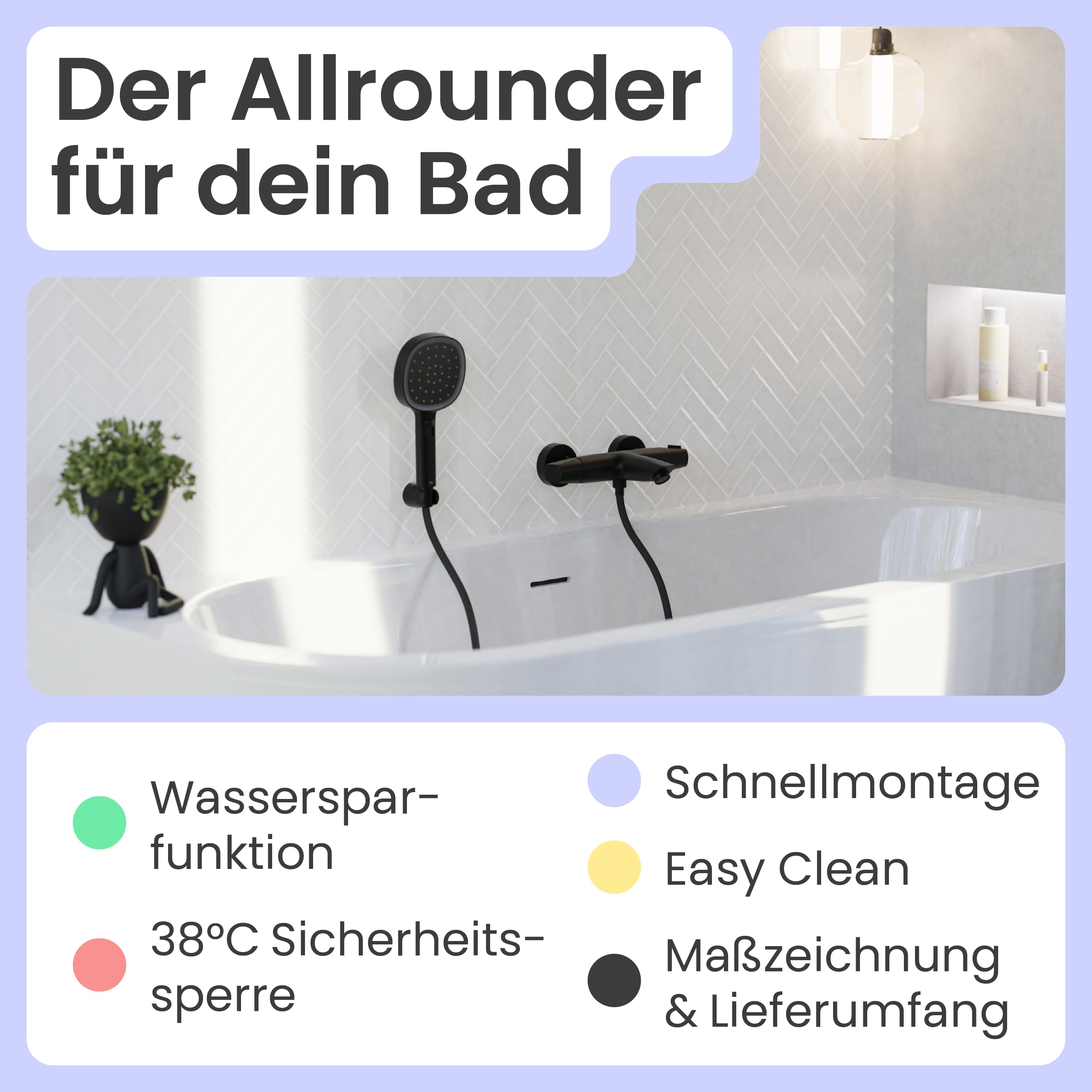 instmaier Beatrice | Wannenarmatur | Thermostat | Verbrühschutz | Schwarz | Wannenfüllarmatur | Thermostatarmatur | Wassersparen | Wannenarmatur Sicherheitssperre/ Verbrühschutz 38° | Einfache Montage