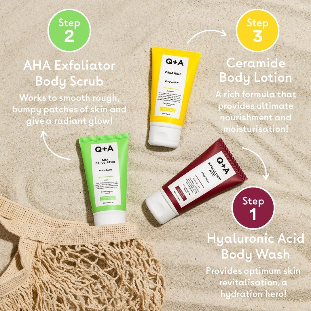 Q+A Zestaw podróżny do pielęgnacji ciała, zawiera żel do mycia ciała z kwasem hialuronowym, peeling AHA i ceramiczny balsam do ciała, 50 ml