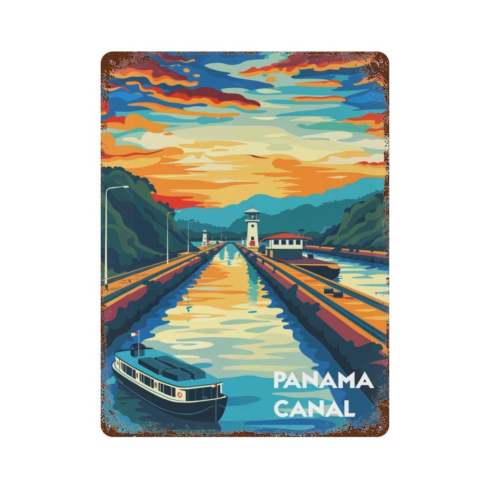 Rust Effect Sunset at Panama Canal Rusty Metal Tin Sign 15.7"x11.8", Old School Wall Decor for Farmhouse, Kitchen And Entryway Decor