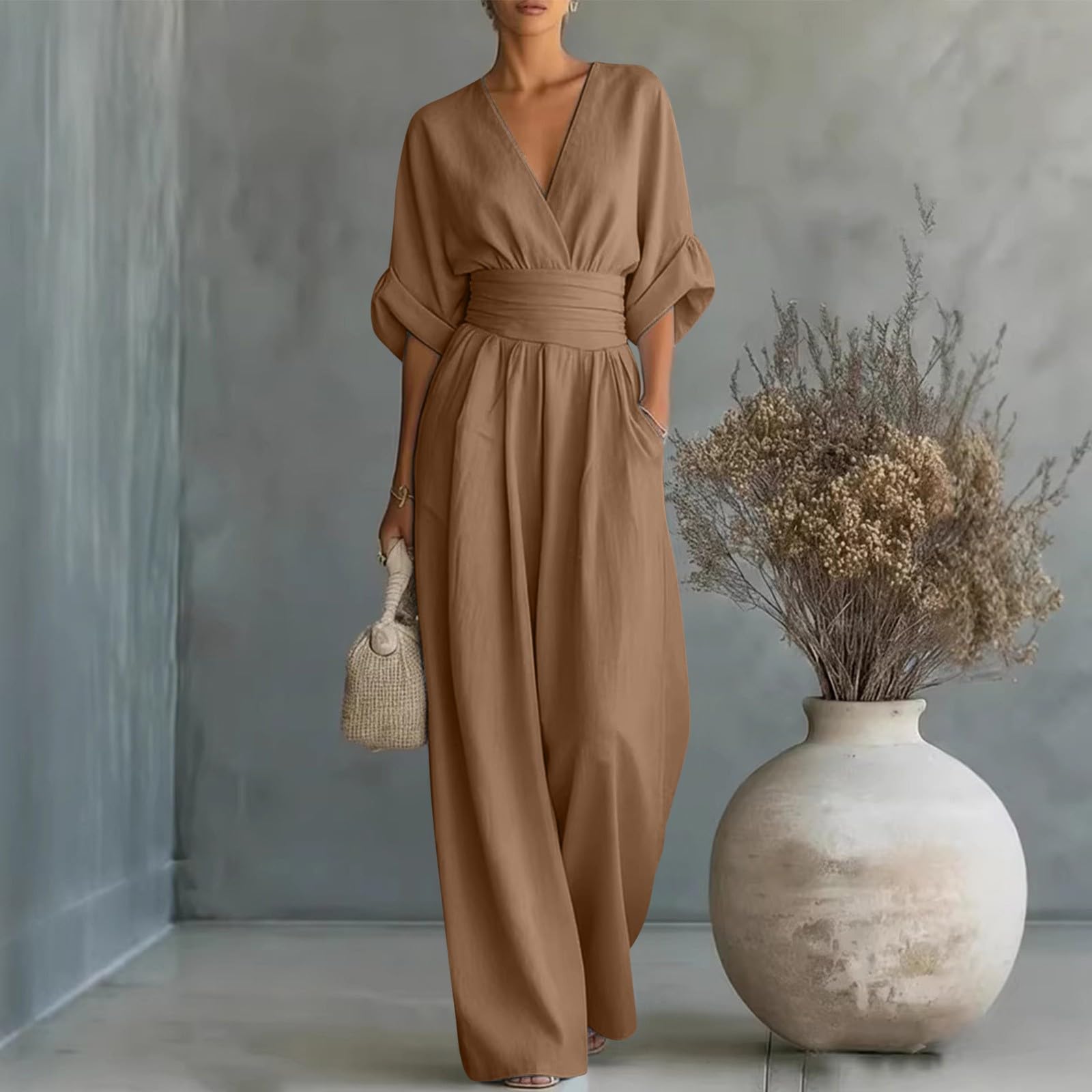 Combinaison élégante et festive pour femme - Col en V - Pantalon d'affaires