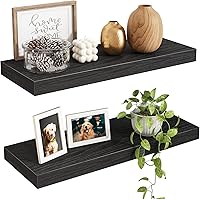 Fixwal 15.7" Black Wood Floating Wall Shelves, Set of 2 - Easy Install Mounted Storage for Bedroom, Living Room, Kitchen & Decor