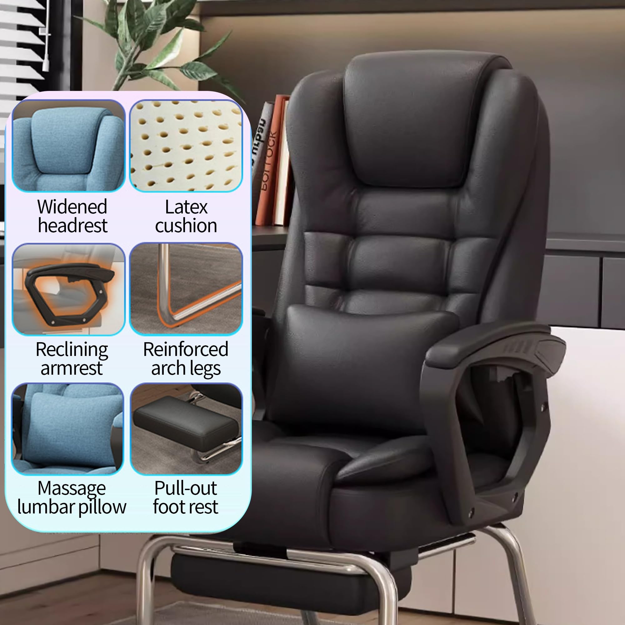Krzesło biurowe, regulowane oparcie, podparcie lędźwiowe, ergonomiczne komputerowe skóra PU, interfejs USB do łagodzenia stresu, do nauki, pracy, kadry kierowniczej, salonu, hotelu