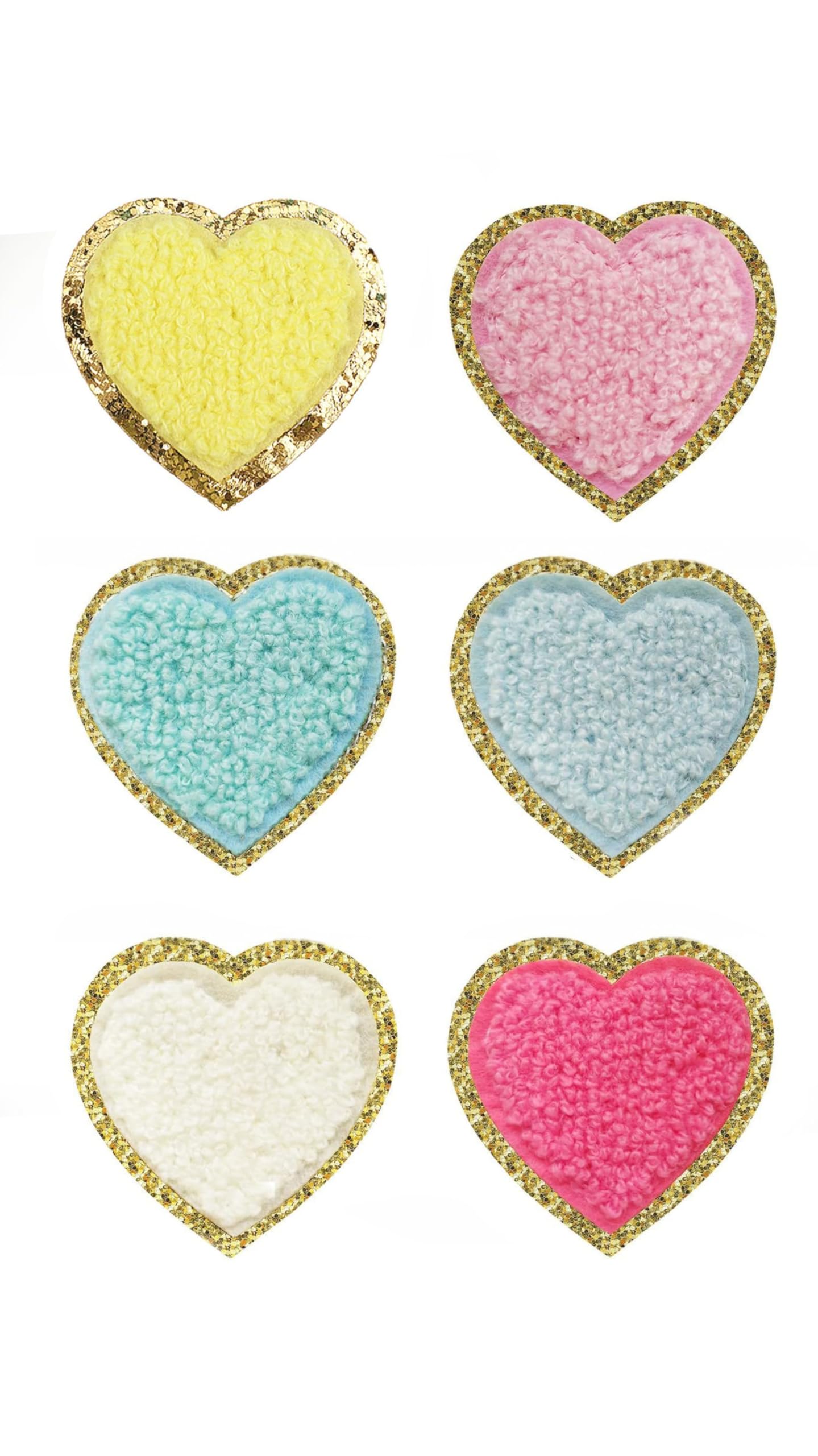 Heart Patches Glitter Chenille - 6 PCS Iron on Heart Patches with Gold Sequin Border for Jackets, Clothing, Backpacks, and Hats - Chic Embroidered Decoration
