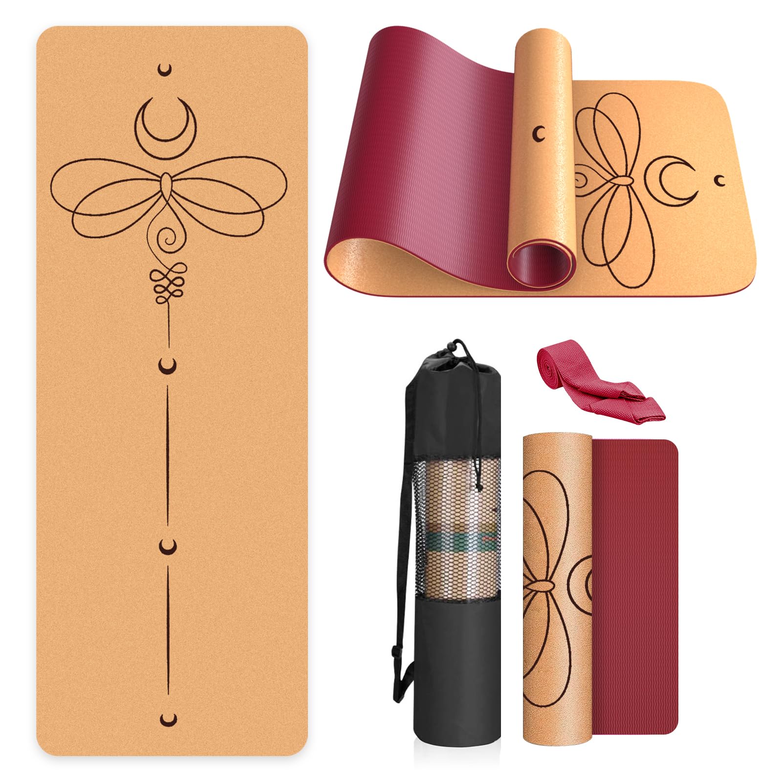 Haninj® Yogamatte Kork – Rutschfeste Yoga Matte, Einzigartiges Design, Naturkautschuk TPE Gymnastikmatte, Trainingsmatte mit Tragetasche & Gurt, für Zuhause, Pilates, Aerobic Fitnessstudio und Workout