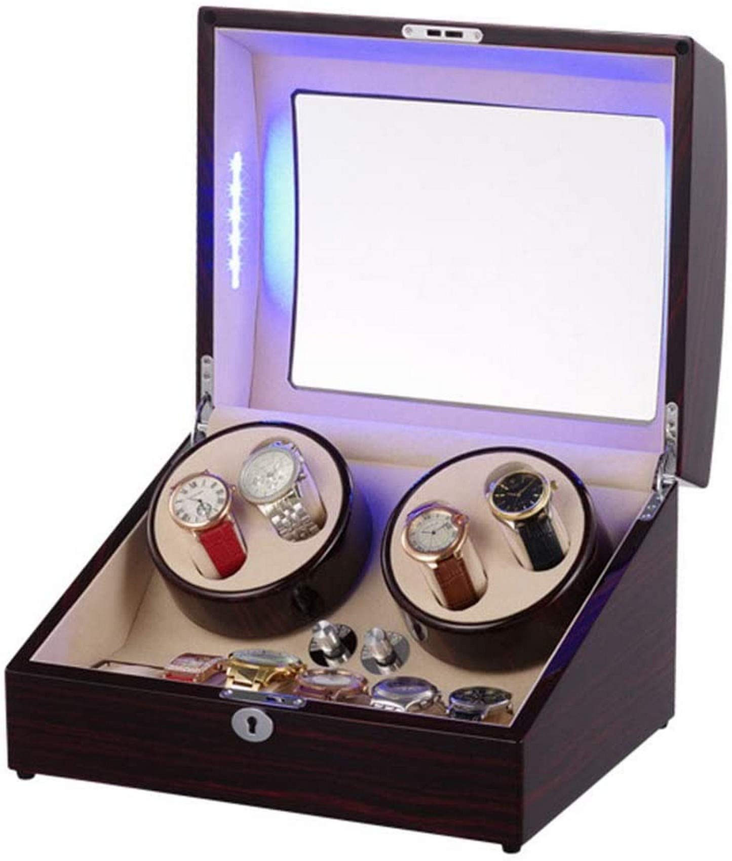 Uhrenbeweger-Box für Automatikuhren mit blauem LED-Licht und Ebenholzgehäuse, leiser Motor und 5 Rotationsmodi, Uhren-Display-Aufbewahrung