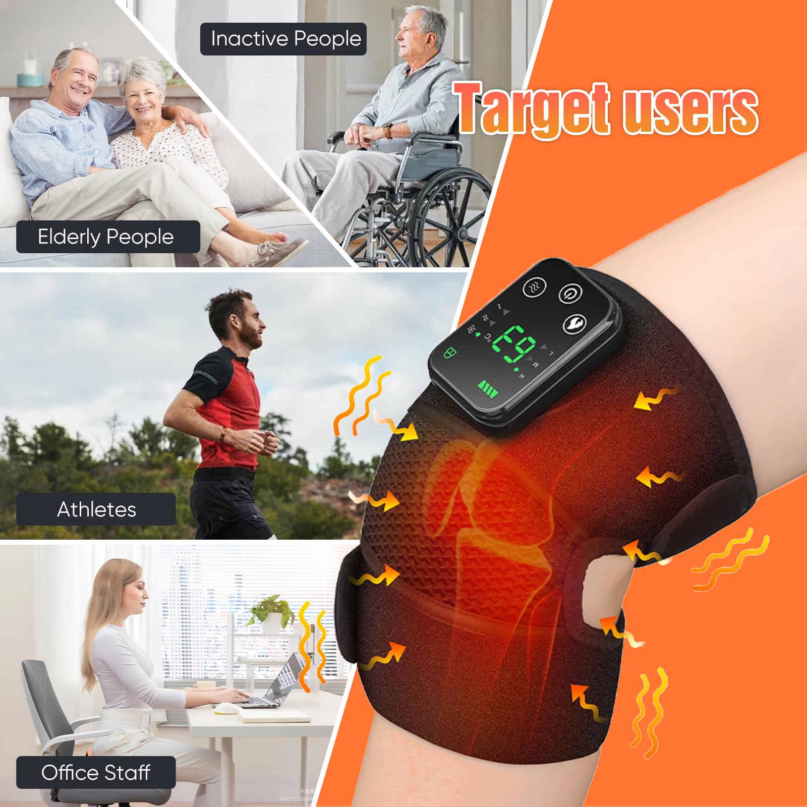 Rodillera calefactora inalámbrica,Cojín calefactor para la rodilla con control táctil, rodillera térmica para hombro y codo con 3 modos de masaje, ajustes de temporizador