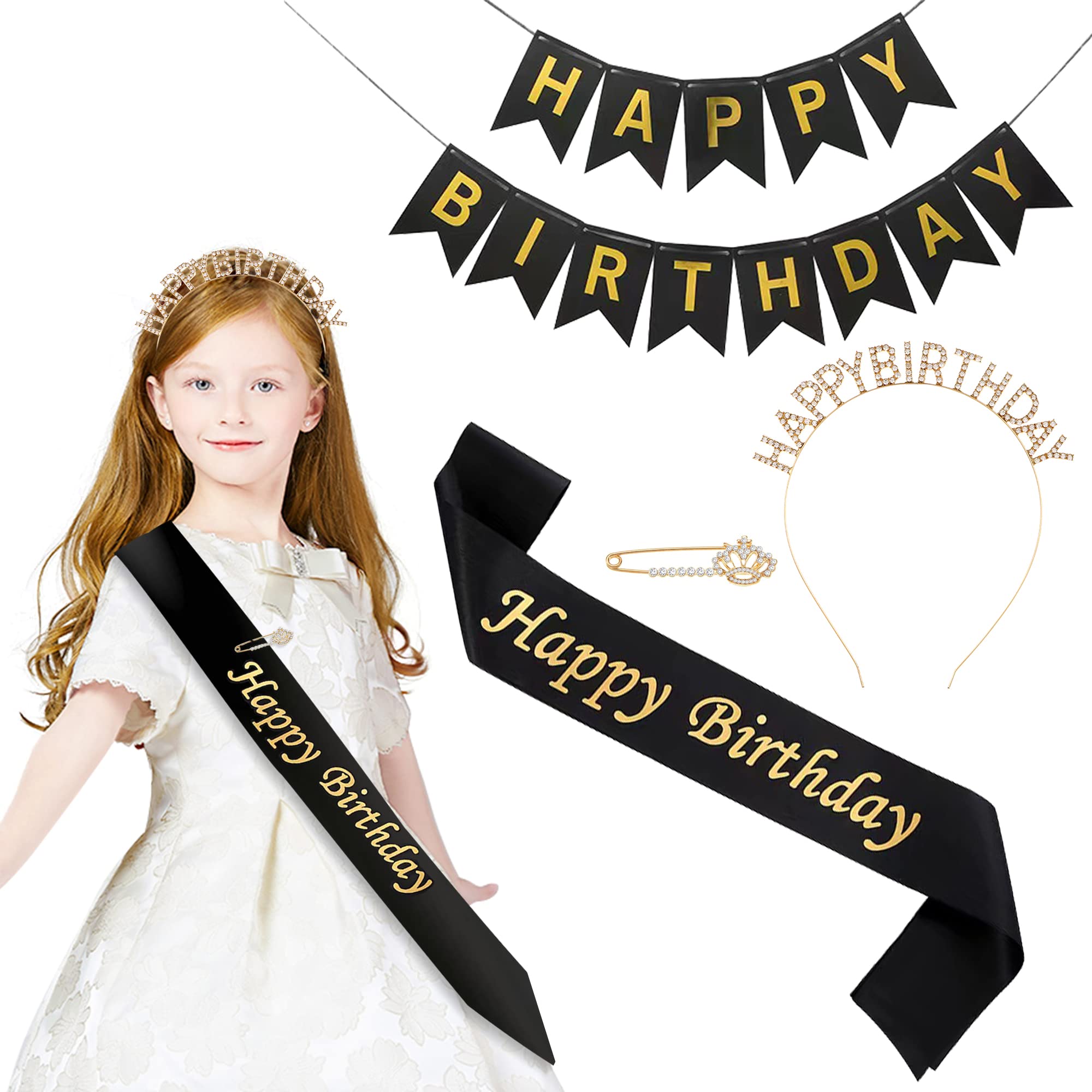 TSOEPLL4 Pieces Birthday Party Accessory Set , Include Happy Birthday Sash & Tiara & Banner Queen Brooch Clip Pin for Women Girl Birthday Party Favors