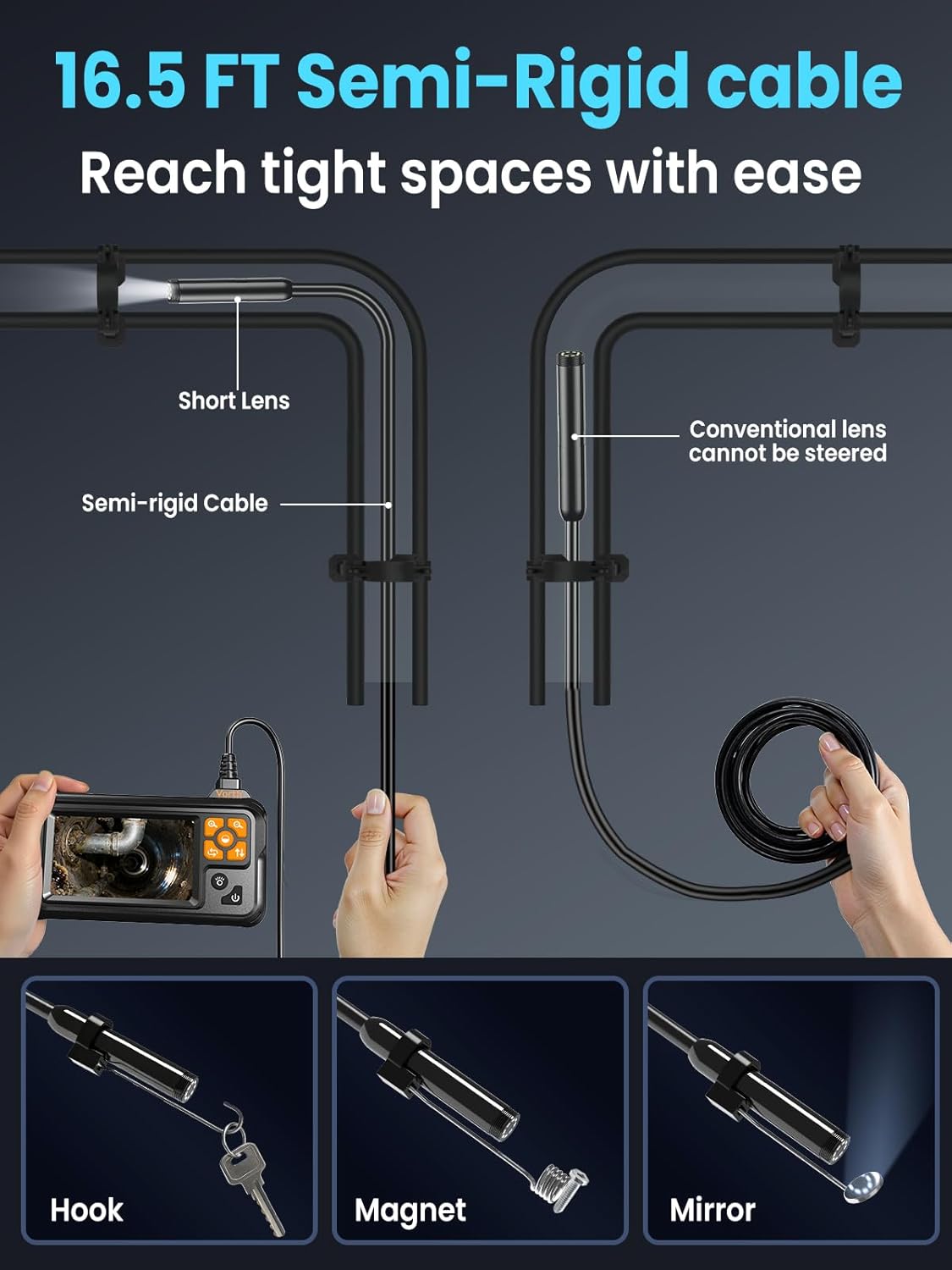 Endoscope Camera with Light, 4.3" IPS Screen 1080P Borescope with 8 LED Lights, 16.5 FT Semi-Rigid Cable Snake Camera, IP67 Waterproof Sewer Inspection Men Tool Single Lens