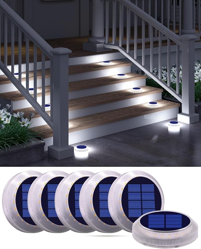 DetarZinLED Solar Discs Lights Outdoor IP68 Waterproof 6 Pack White Round | Solar Powered, Stick on, Sturdy PC Shell, Flat Light for Outdside Deck, Step, Stair, Ground, Dock, Pathway, Yard, Driveway