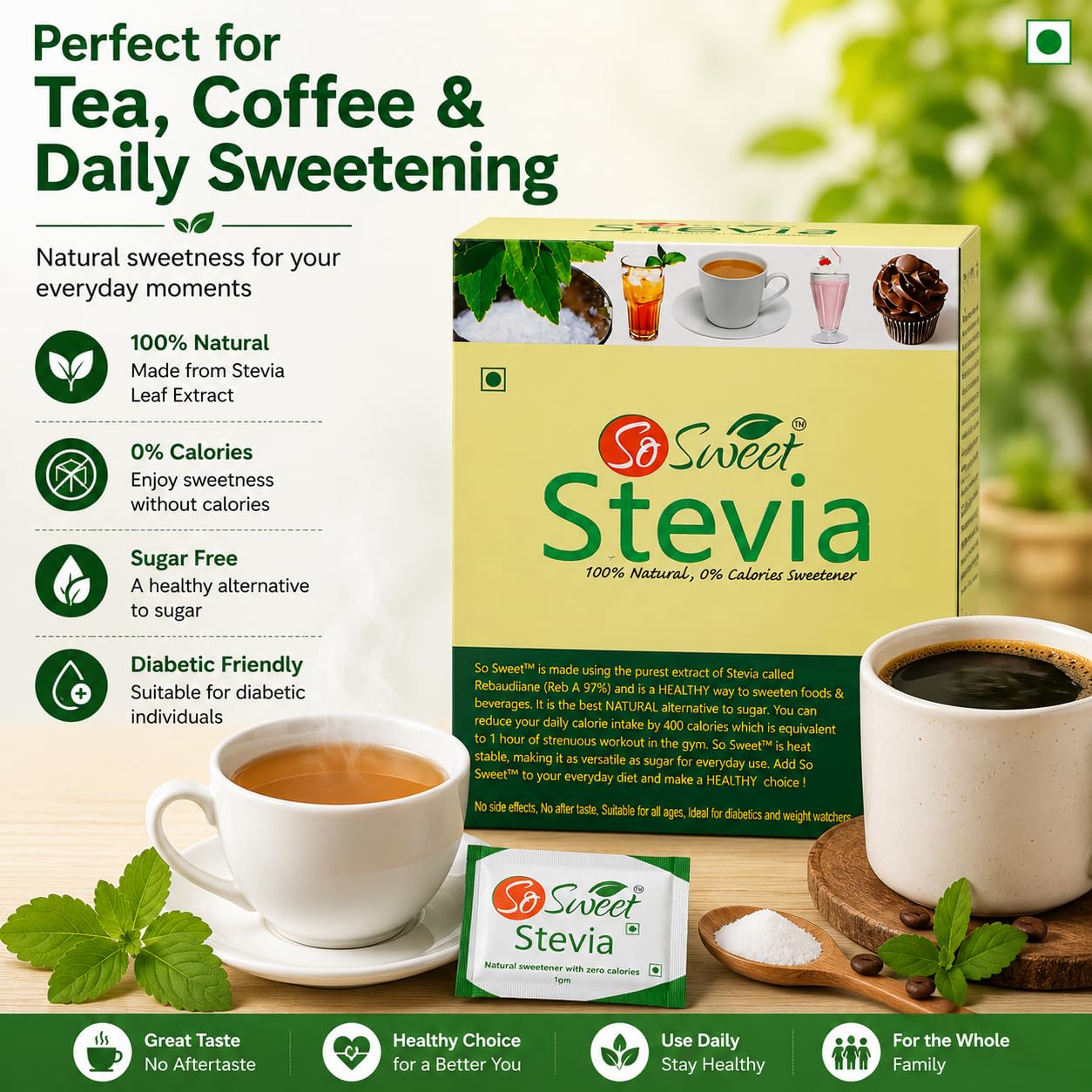 So Sweet Stevia 100% Natural Sweetener, Sugar-Free, 50 Sachets (Pack of 7), Zero-Calorie, Ideal for Coffee, Tea, Baking, and Cooking, Diabetic-Friendly, Perfect for Healthy Living and Low-Carb Diets 3