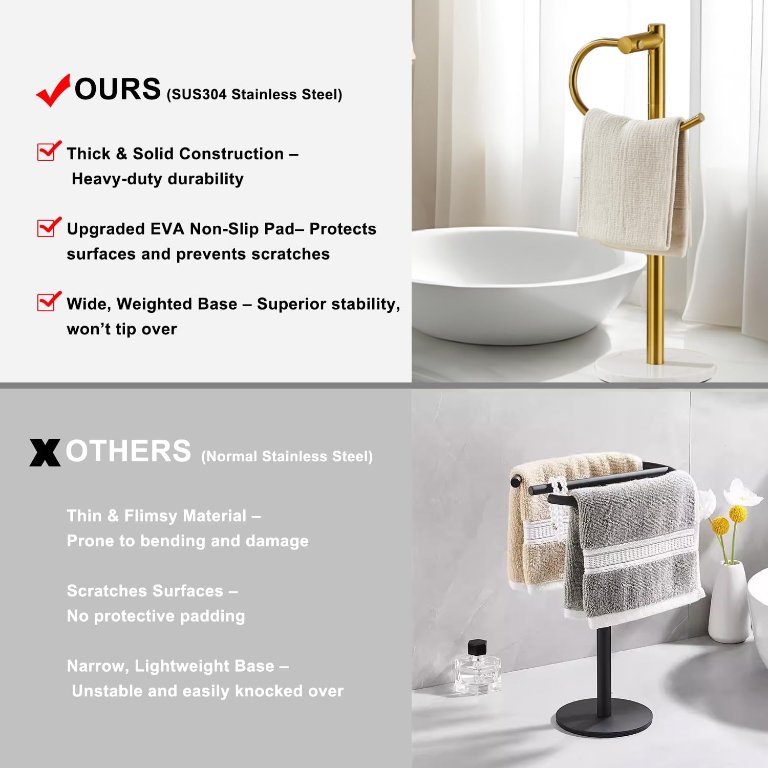 Standing Towel Bar Holder - Free Standing Bathroom Towel Rack Towel Holder with Engineered Stone Base - Countertop Vanity Towel Stand for Hand/Kitchen Towels (Brushed Gold)