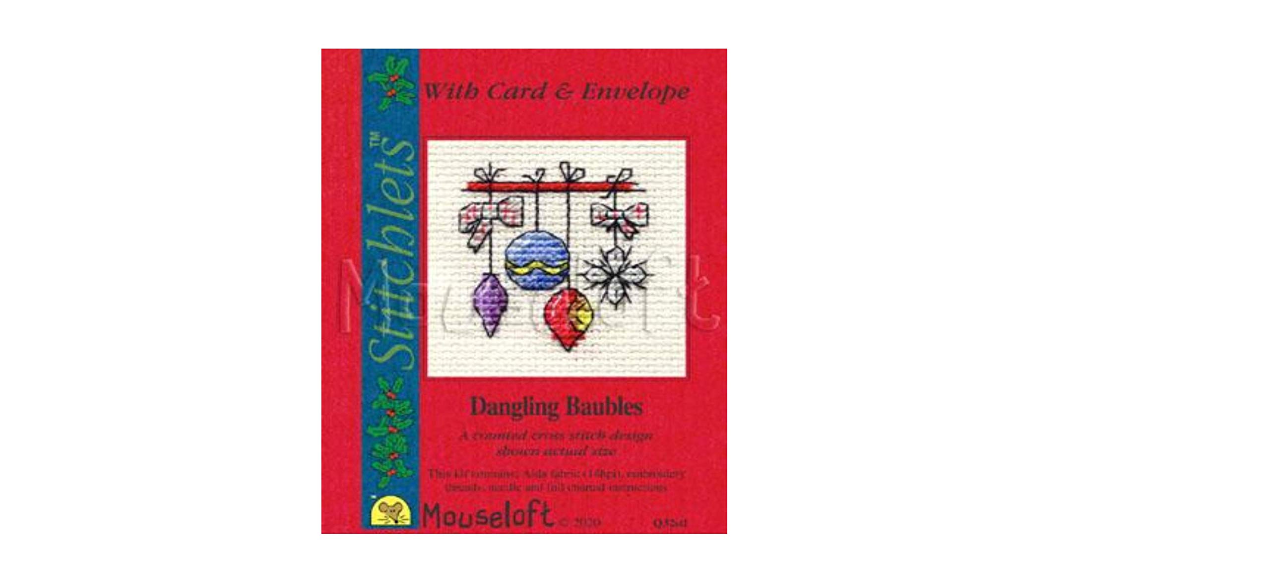 Mouseloft counted cross stitch Christmas Card Kit - Dangling Baubles - Includes card and envelope
