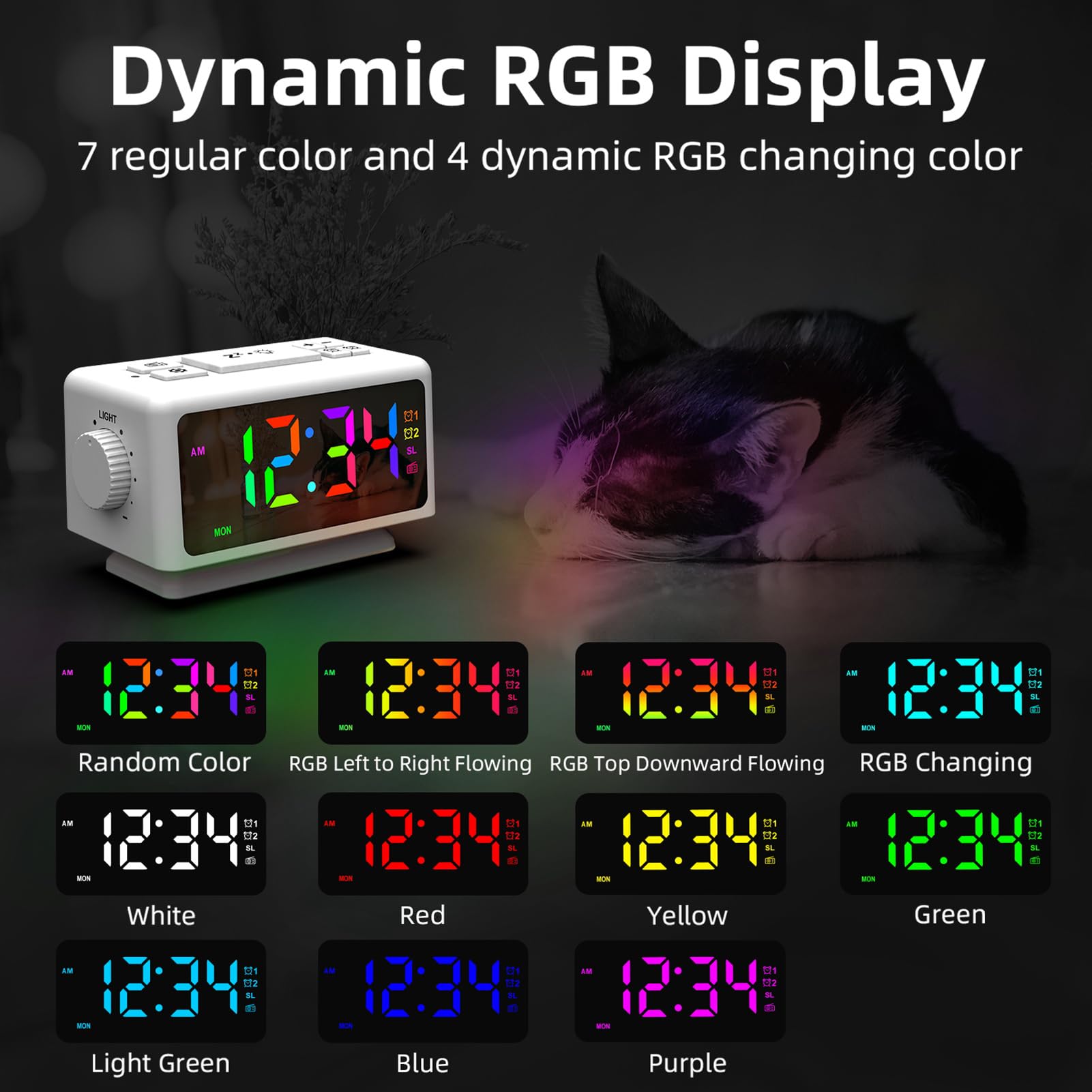 ThreeH Réveil Radio RGB avec Affichage de l'heure 12 Niveaux Volume et de luminosité Alarme FM pour Les Enfants 12/24 H Deux Ports Charge USB Blanc