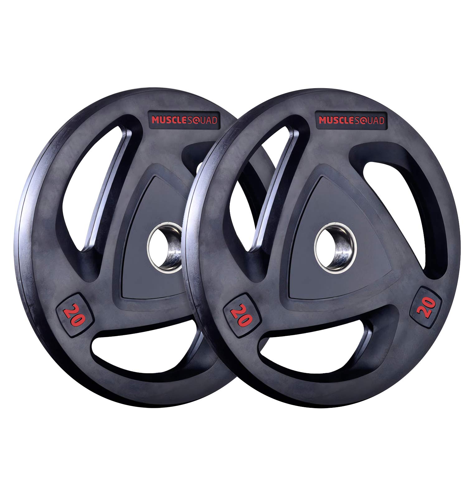 MuscleSquad Rubber Tri Grip Olympic Weight Plates sold in pairs 1.25kg to 20kg (20, Pair)