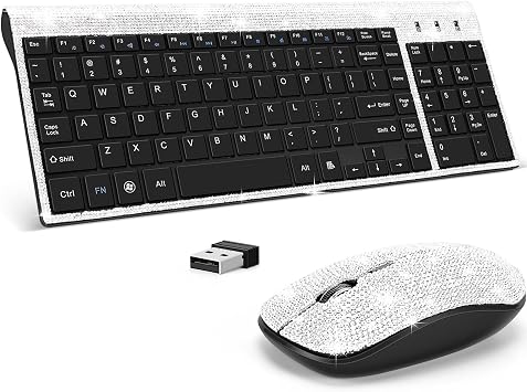 Dazzling Luxury Cute Keyboard and Mouse Wireless, Sparkly Bling Rhinestone Wireless Mouse and Keyboard Gift Set Silver