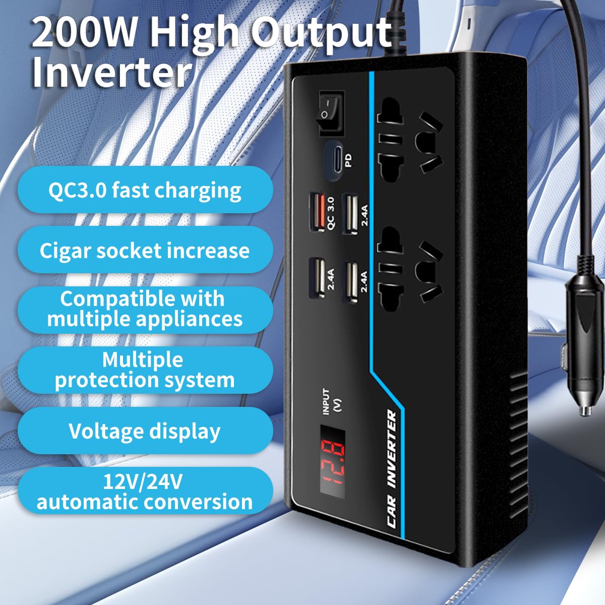 Inverter Di Potenza Per Auto 12V/24V A 110V/220V 1500W – Convertitore Per Presa Domestica Su Camion E Auto
